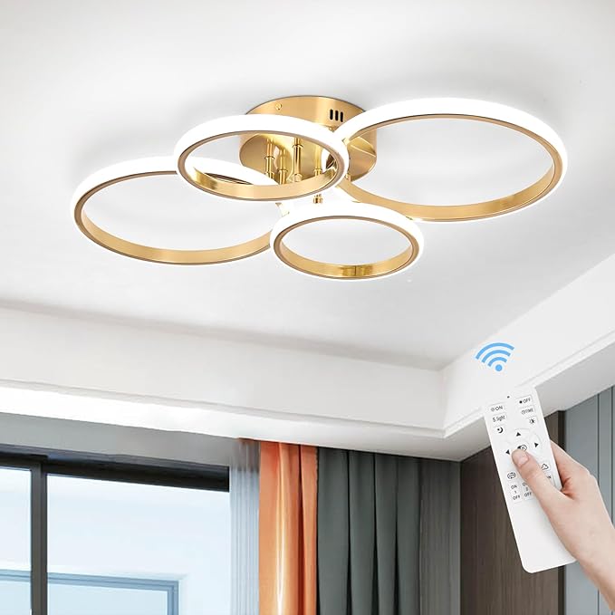 Dimmable Modern LED Ceiling Light, 4 Rings 3000K-6000K LED Gold Close to Ceiling Light, Flush Mount Ceiling Lights Fixture for Bedroom, Kitchen, Laundry Room,Office