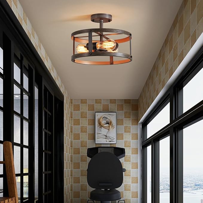 AGV LIGHTING Farmhouse Semi Flush Mount Ceiling Light Fixture, Rustic Style Close to Ceiling Light with 3-Light, Faux Oka Wood Texture with Brushed Grey Finish