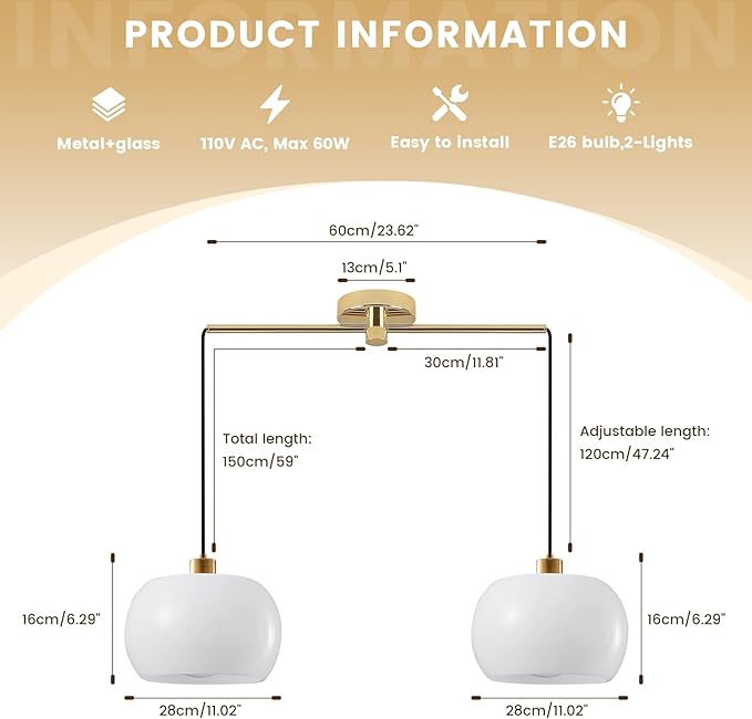 Modern Living Room Pendant Light 2-Light White Glass Pendant Light with Golden Brass Finished, Modern Adjustable Kitchen Island Light Fixture Gold Hanging Light for Dining Room Farmhouse