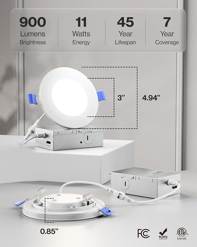 Sunco 6 Pack 4 Inch LED Recessed Lights with Night Light, Slim Ceiling Lighting, 900 Lumens, 11W (80 W Equivalent), Selectable CCT 2700K/3000K/4000K/5000K/6000K, Dimmable, Canless with Junction Box