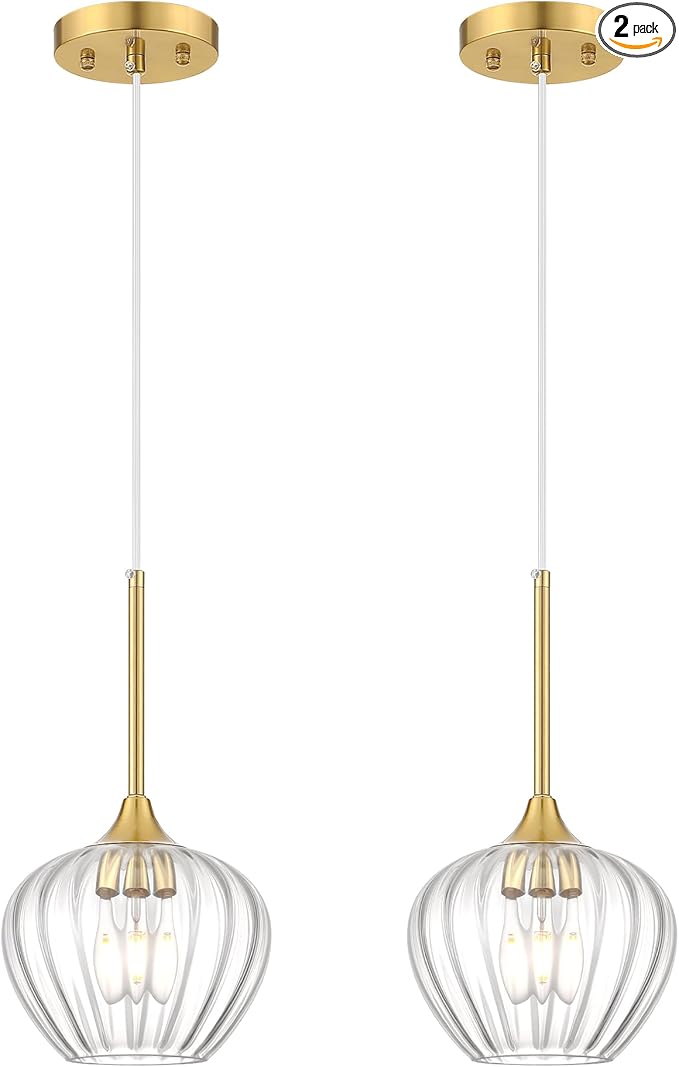 2-Pack Glass Pendant Lights Kitchen Island, 7" Modern Gold Pendant Lighting Adjustable Hanging Light Fixtures for Kitchen, Dining Room, Bathroom, Bedroom