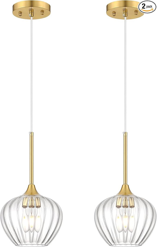 2-Pack Glass Pendant Lights Kitchen Island, 7" Modern Gold Pendant Lighting Adjustable Hanging Light Fixtures for Kitchen, Dining Room, Bathroom, Bedroom