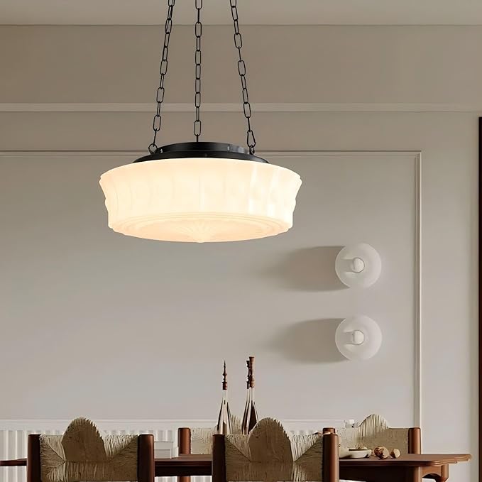 LIGHTLAND Milk Glass Pendant Light, 13.8 Inch Mid Century Semi Flush Mount Ceiling Light Fixture with 39.4 Inch Adjustable Chain, Vintage Chandelier for Bedroom, Living Room, Dining Room, Hallway