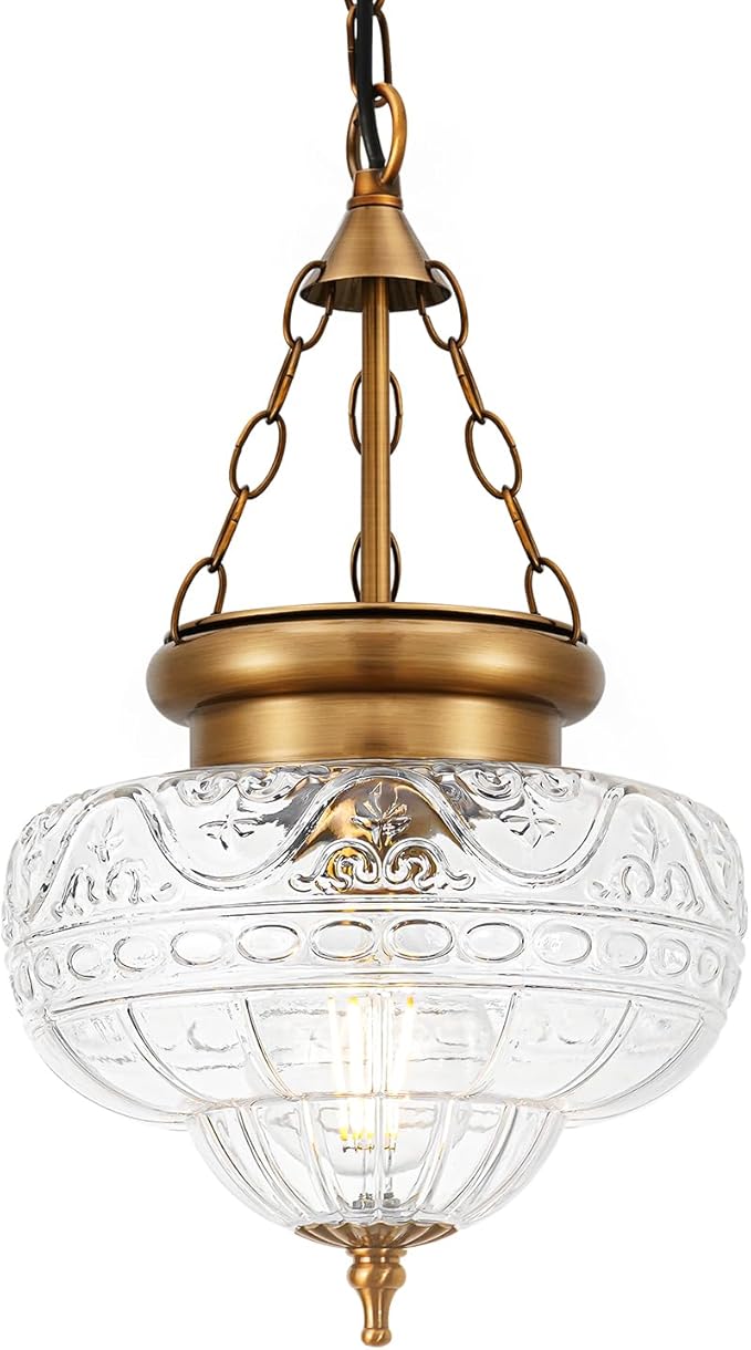 Vintage Pendant Light - Bronze Gold Pendant Lights Kitchen Island with Floral Glass, Brass Penant Lighting Fixtures with Adjustable Hanging Chain for Kitchen, Dining Room, Entryway