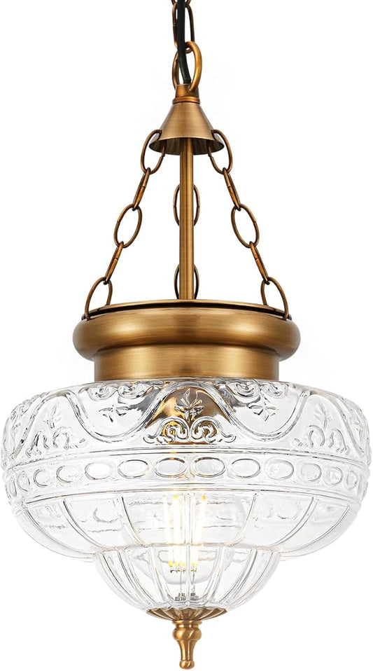 Vintage Pendant Light - Bronze Gold Pendant Lights Kitchen Island with Floral Glass, Brass Penant Lighting Fixtures with Adjustable Hanging Chain for Kitchen, Dining Room, Entryway