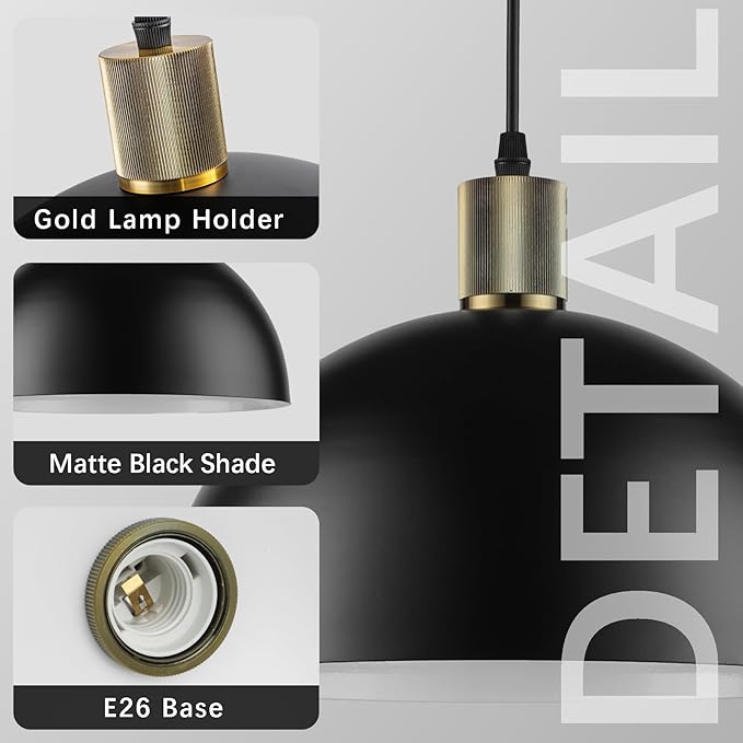 Black Pendant Lights Kitchen Island 3 Pack, 11.8" Modern Black and Gold Pendant Light Fixtures Dome Farmhouse Hanging Lights for Sink Dining Room Hallway Entryway