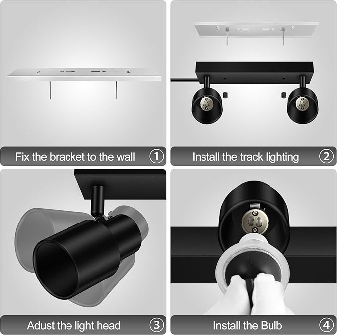 Plug in Track Lighting Fixtures Ceiling, Black Track Light LED, 2-Light Plug in Wall Lights with Cord, 2 Way Ceiling Spotlight, Rocker Switch, Rotatable Spotlight for Bedroom, Bulb Not Included