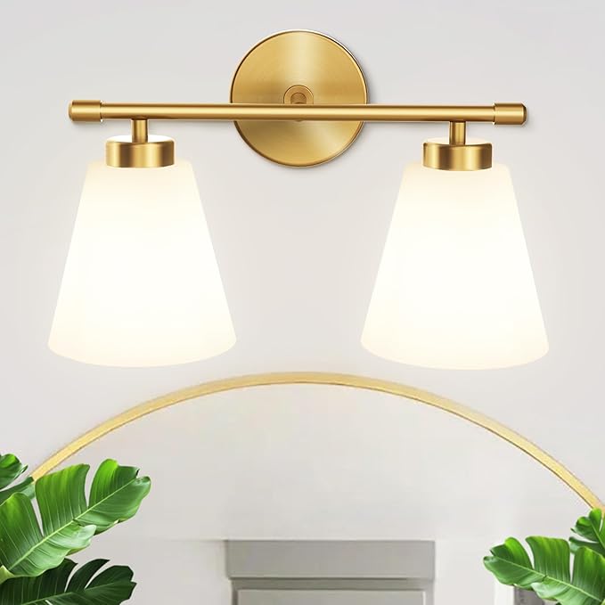 Hamilyeah Gold Bathroom Vanity Light Fixture with Frosted Glass Shade, 2 Light Vanity Lighting Fixture Over Mirror, 2 Bulb Wall Lamps for Bathroom, Restroom, Living Room