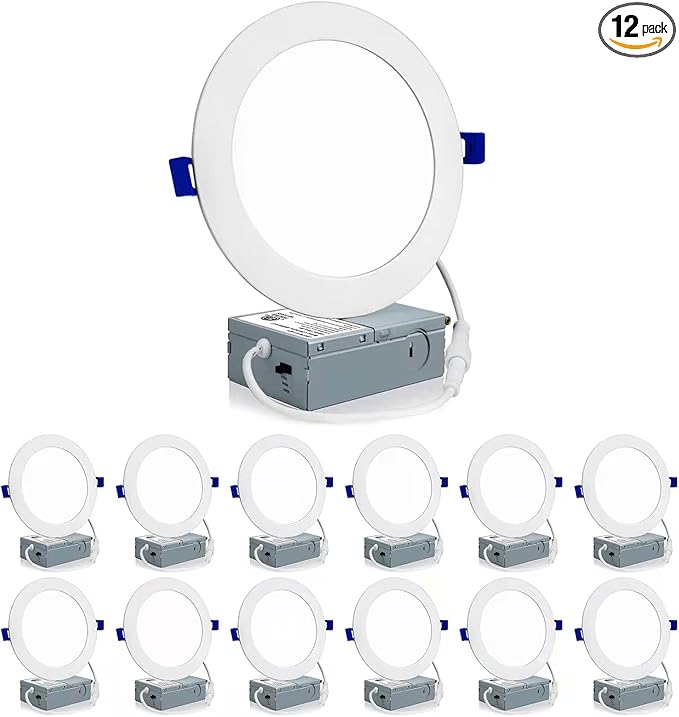 Meconard 12 Pack 6 Inch Ultra-Thin LED Recessed Ceiling Light with Junction Box, 3000K/4000K/5000K Selectable,12W=110W 1050LM High Brightness, Dimmable IC Rated Downlights, ETL and Energy Star Listed