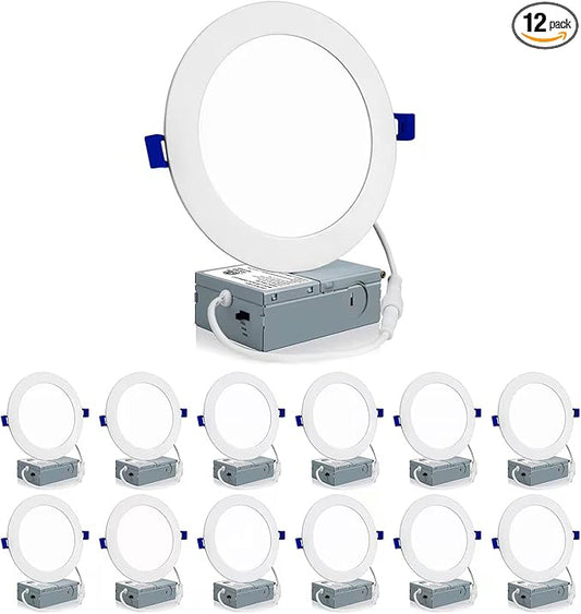 Meconard 12 Pack 6 Inch Ultra-Thin LED Recessed Ceiling Light with Junction Box, 3000K/4000K/5000K Selectable,12W=110W 1050LM High Brightness, Dimmable IC Rated Downlights, ETL and Energy Star Listed