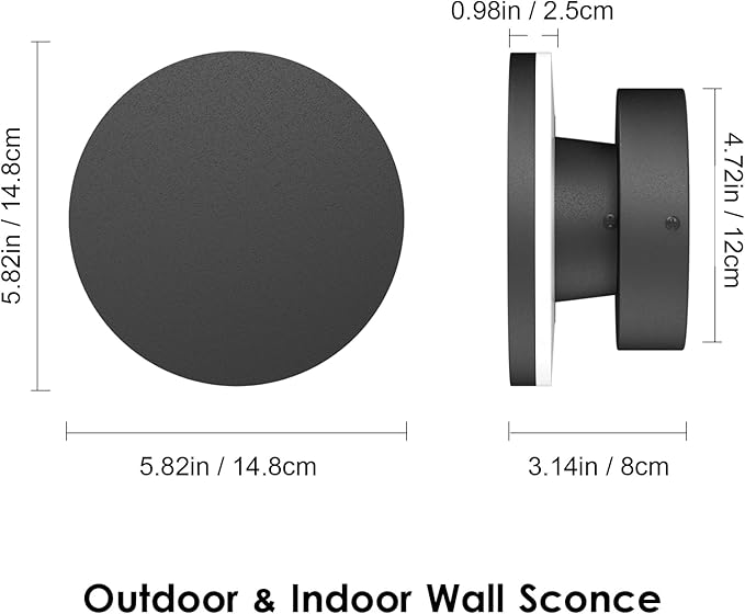 LED Wall Light Indoor Outdoor Modern Sconce Black Modern Outdoor Wall Lights Aluminum Waterproof Black Wall Mount Lights LED Light Warm White 3000K (Round)