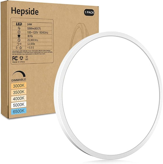 hepside 1Pack LED Flush Mount Ceiling Light Fixture, 12Inch 24W, Dimmable&3000K/3500K/4000K/5000K/6500K Adjustable Low Profile Ceiling Lights, White Round Flat Ceiling Light for Closet,Kitchen,Hallway