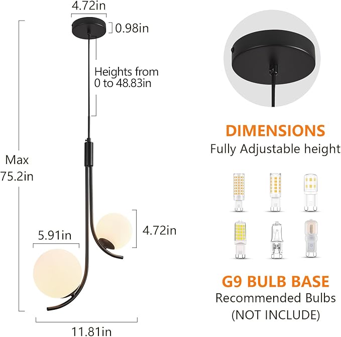 Modern Pendant Light Fixture Black Globe Pendant Lights Kitchen Island White Frosted Milk Glass Sputnik Chandelier Vintage for Kitchen, Office, Entryway (2-Light)