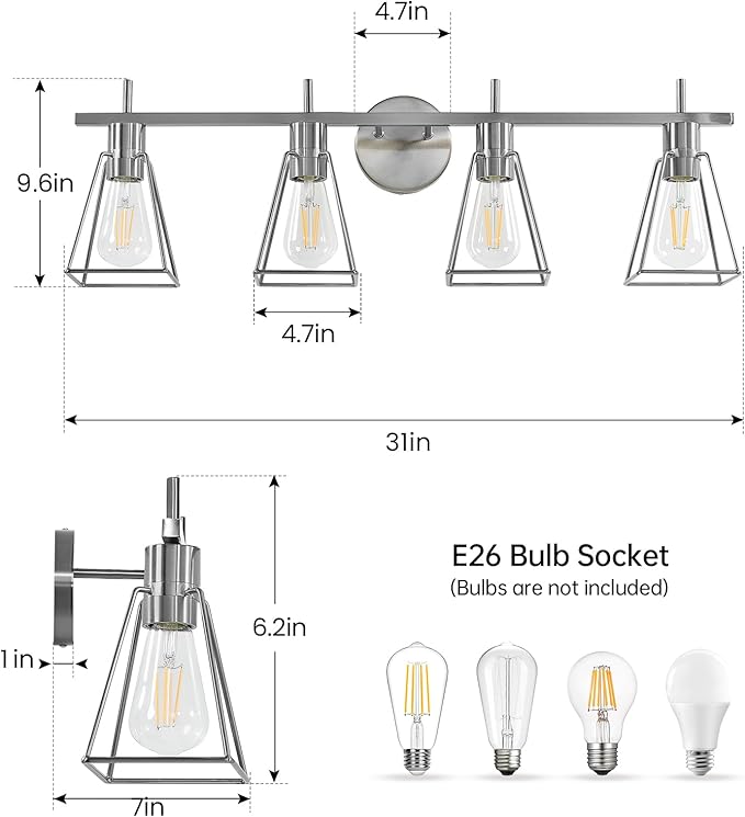 Industrial Bathroom Vanity Lights: 4-Light Silver Brushed Nickel Vintage Metal Cage Wall Sconce - Rustic Farmhouse Light Fixture Over Mirrors Cabinet for Bath Hallway