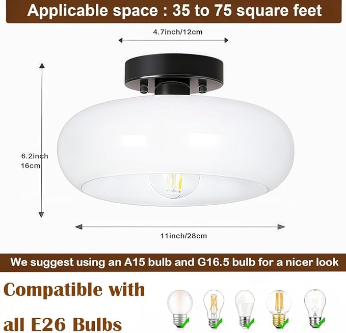 Semi Flush Mount Ceiling Light,11inch Mid-Century Modern Light Fixture,Black Hallway Light Fixtures with White Milk Glass Shade,Vintage Lighting fixtures for entryway,Bedroom,Kitchen,Porch