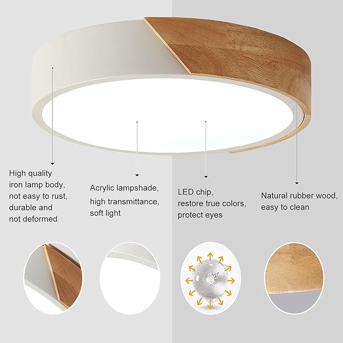 Flush Mount Ceiling Light, 12 inch LED Ceiling Light Fixture, Matte White with Wood, 4500K/24W(150w Equiv.), Not Dimmable Indoor Lighting Fixtures Ceiling for Bedroom and Hallway