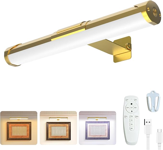 MIOBLUE Picture Light with Remote and Timer, 13.8in Rechargeable Picture Light with 3 Color Modes, Dimmable Cordless Painting Light for Wall Display, Gallery Artwork, Portraits, Dartboards