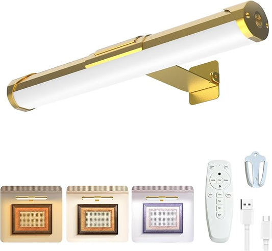 MIOBLUE Picture Light with Remote and Timer, 13.8in Rechargeable Picture Light with 3 Color Modes, Dimmable Cordless Painting Light for Wall Display, Gallery Artwork, Portraits, Dartboards