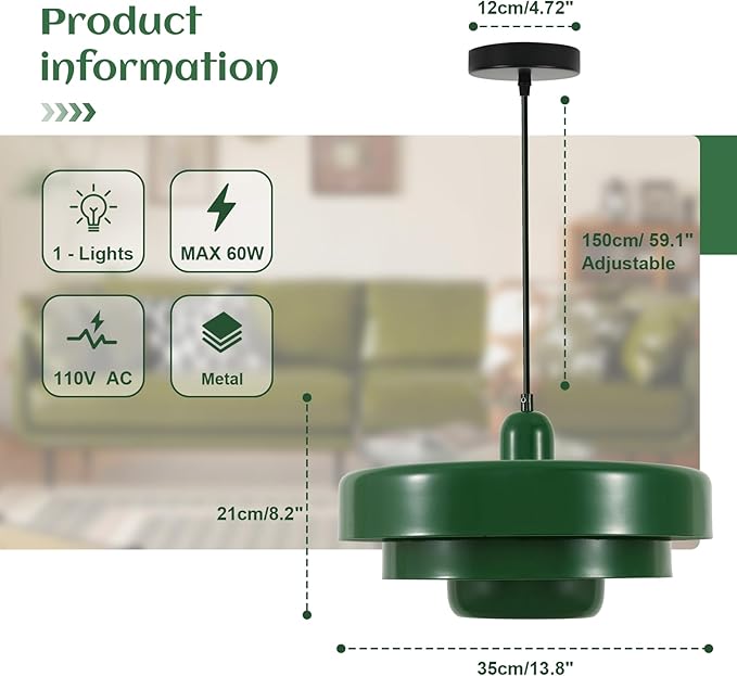 Green Mid Century Pendant Light, Adjustable Industrial Chandelier for Kitchen Island, Farmhouse Dining Room, Bedroom, Pantry Ceiling Hanging Light