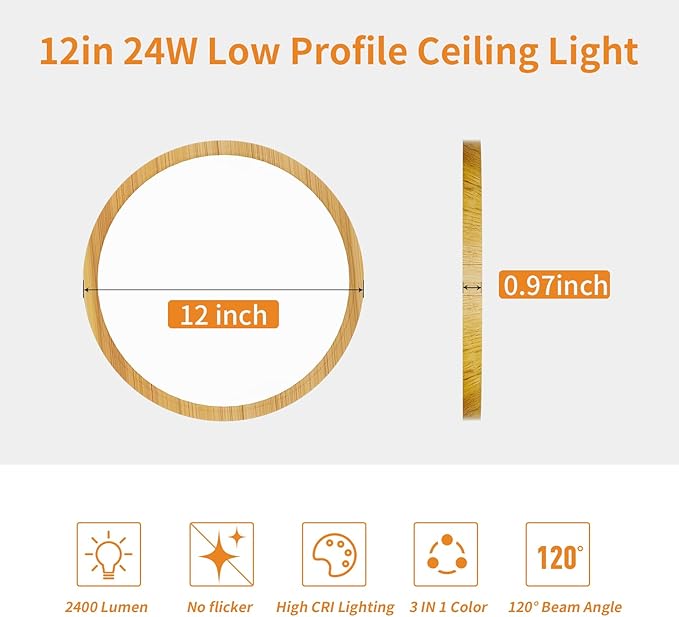 Light Fixtures Ceiling Mount: 12 Inch 24W Wood Grain LED Ceiling Light 3000K-4000K-6000K Selectable Flat Low Profile Round Ceiling Lights for Bedroom Laundry Closet Hallway Office