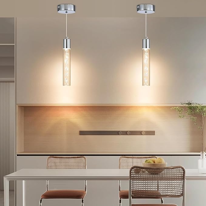 2 Pack Modern LED Pendant Light, Chrome Bubble Hanging Ceiling Lamp Fixture, 3 Color 2700K/4500K/6500K, Small Kitchen Island Chandeliers Over Table for Dining Room, Living Room, Bedroom, Bar, Cafe