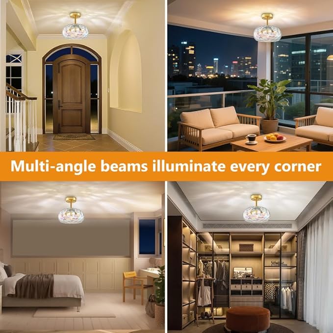 Gold Semi Flush Mount Ceiling Light, 12''& 3-Bulb Vintage Ceiling Light Fixture, Stained Glass Shade Hanging Hammered Lampshade for Hallway, Kitchen, Farmhouse, Foyer, Bedroom - Bulbs Not Included