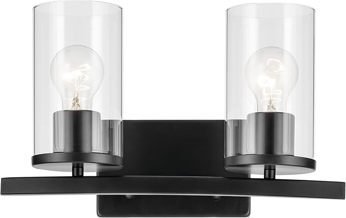 Kichler Crosby 15.25" 2-Light Bathroom Vanity Light Fixture with Clear Glass in Black for Powder Room, Modern Wall Mount Over Mirror (15.25" x 8.75"), 45496BKCLR