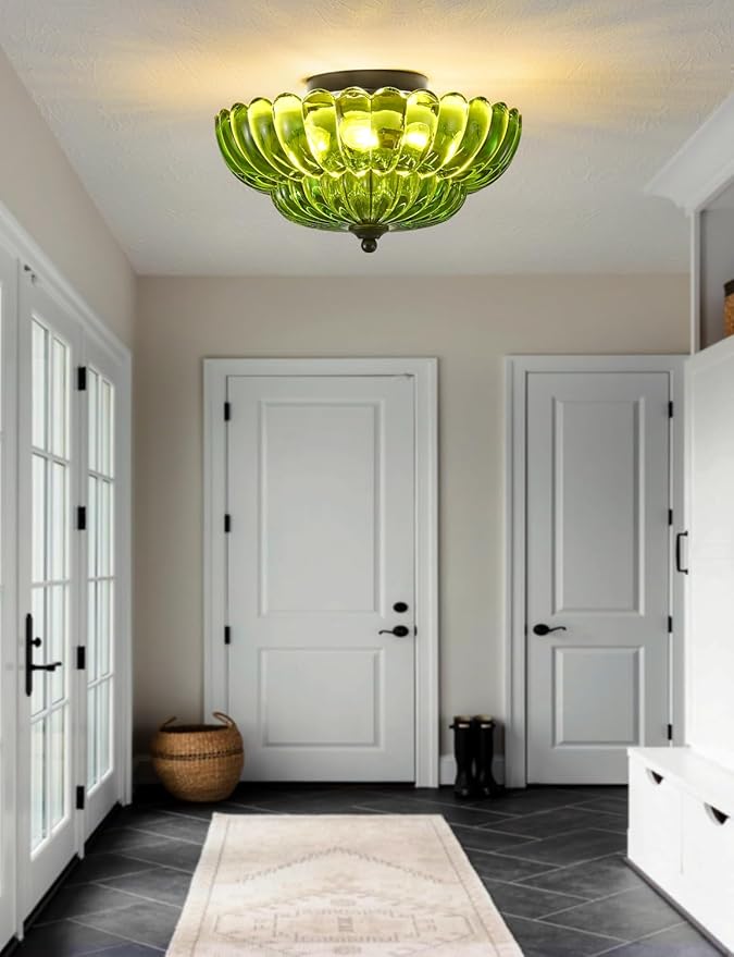 Semi Flush Mount Ceiling Light, Green Glass Ceiling Light Fixture, 3-Bulb Modern Black Close to Ceiling Light, Vintage Glass Ceiling Lights for Bedroom Kitchen Living Room, Bulb Not Included