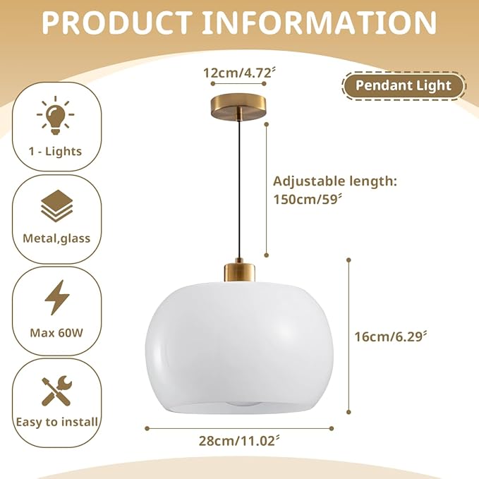 3 Pack Hanging Light Glass Kitchen Island Pendant Light with White Globe Shade, Adjustable Gold Ceiling Pendant Lighting for Dining Room Bedroom, E26 Base, Bulb not Included