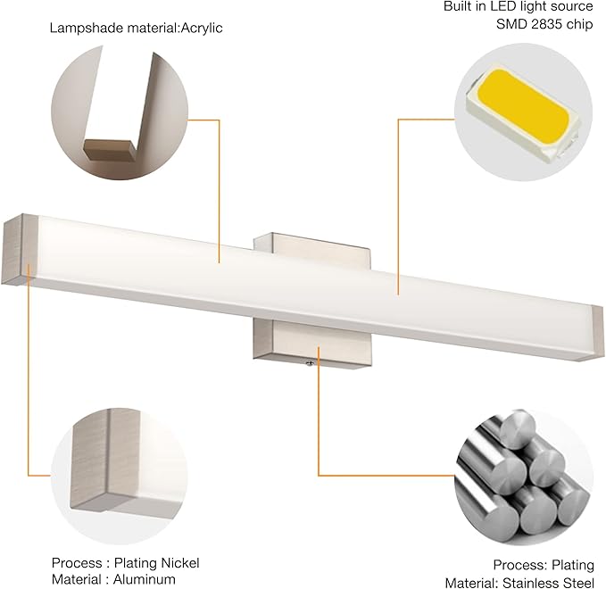 33.5 Inch Brushed Nickel LED Bathroom Vanity Light, 18W 4000K Natural White Square Wall Fixture, Modern Lighting for Over Mirror, Damp Rated
