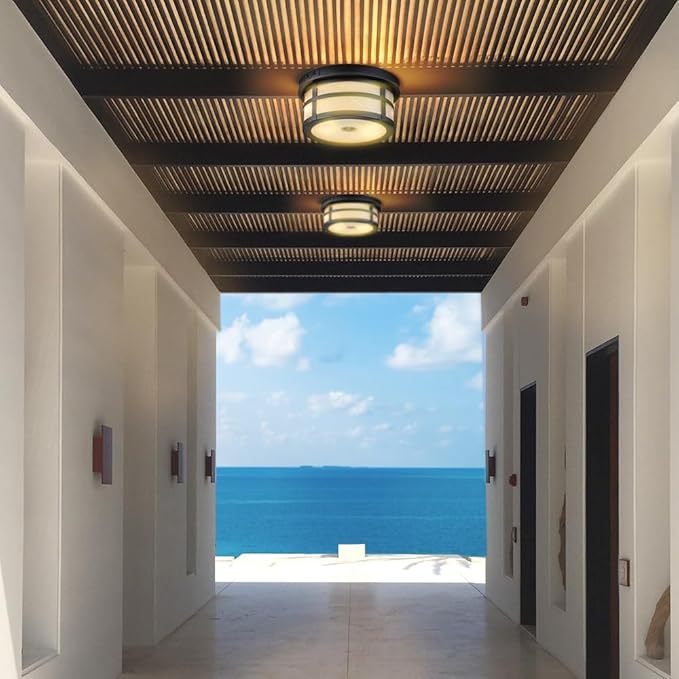 Motion Sensor Outdoor Ceiling Light, Flush Mount Front Porch Light with Adjustable Sensor 2-Light Black Outdoor Light Fixture Ceiling Mount with Frosted Glass for Garage, Patio