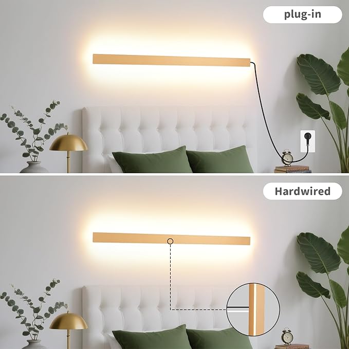 KELUOLY Modern Plug in Wall Lights, 31.4 inch Frosted Gold LED Long Wall Sconce, 16W Warm White 3000K Acrylic Indoor Wall lamp,with 59" Plug Cable for Bedroom, Living Room, Hallway