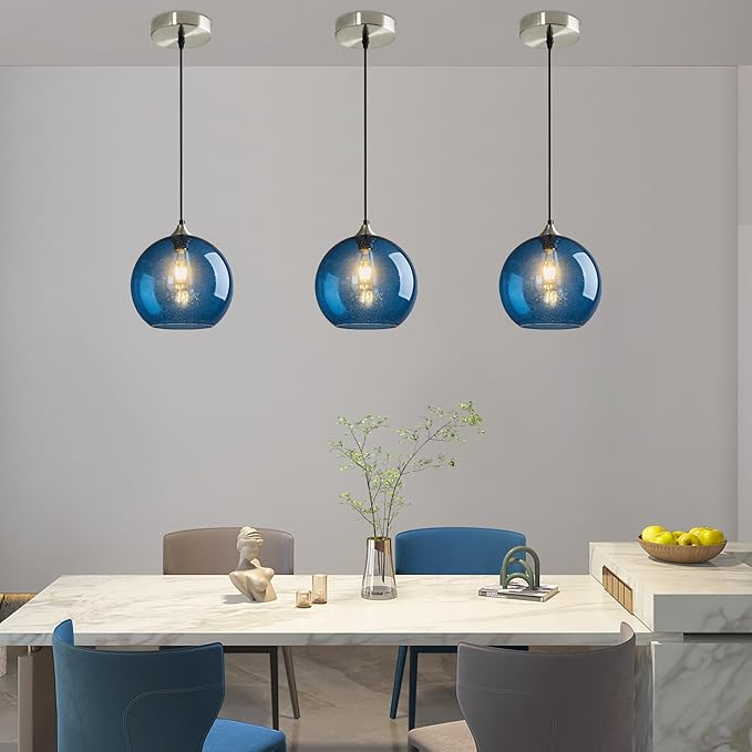 Modern 3-Pack Glass Globe Pendant Lights, Blue Modern Pendant Lighting for Kitchen Island, Clear Glass Hanging Lamps for Dining Room Living Room Bedroom, Medium 7.87 Inch Fixture (Bulbs Not Included)
