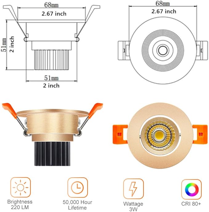 LightingWill 2inch LED Dimmable Downlight, 3W COB Recessed Ceiling Light, Warm White 3000K-3500K, CRI80, 25W Halogen Bulbs Equivalent, Gold (10 Pack)