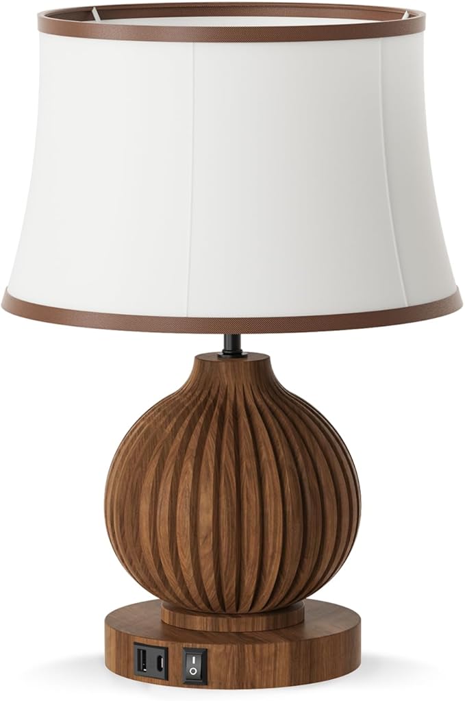 JESLED 18" Vintage Walnut Wooden Table Lamp for Living Room,Farmhouse Rustic Bedside Lamp for Bedroom Room,Office, End Table Home Decor