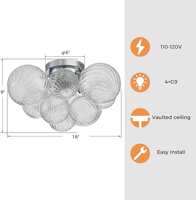 Shrine Lighting Chrome Bubble Glass Ceiling Light, Flush Mount Ceiling Light for Living Room, D18'' x H9'', G9*4 Sockets, Globe Glass Shade & Chrome Finish Frame