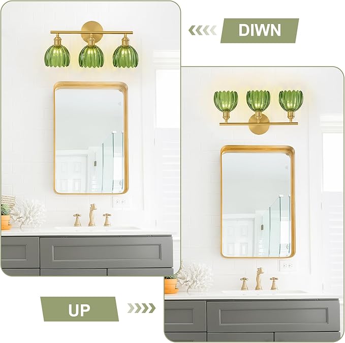 Gold Bathroom Light Fixtures Over Mirror, 3 Light Bathroom Vanity Light Fixture with Tulip Green Glass Lampshade, Vintage Vanity Lights for Bathroom, Bathroom Vanity Lights Over Mirror