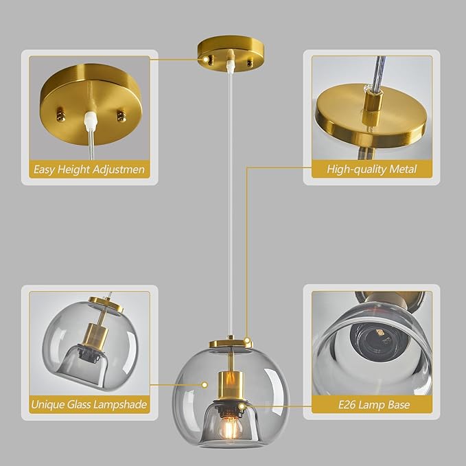 Light Grey Glass Pendant Lights Kitchen Island Gold Hanging Light Fixture Glass Globe Pendant Light Modern Pendant Lighting for Kitchen Island Bedroom Dining Room (7.87", 3 Pack)