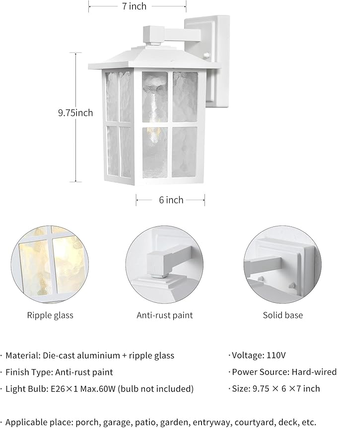 KDG Outdoor Waterproof Patio Wall Light Fixtures Set of 2, White E26 Socket Exterior Lanterns with Tempered Glass, Modern Wall Mounted Lamp Suitable for Home, Front Door, Garden, Garage, Porch