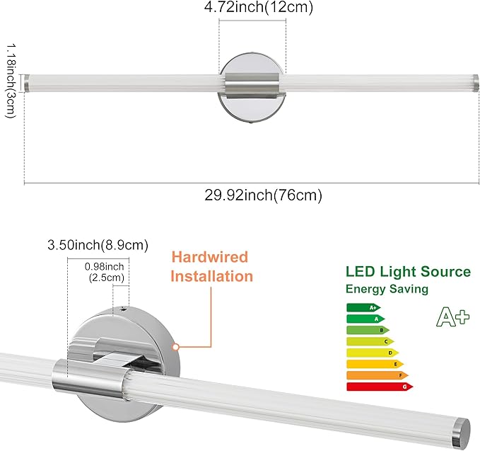 Dimmable LED Bathroom Vanity Lights 360° Full Lighting Bathroom Light Fixtures Over Mirror Vanity Light Bar Modern Wall Sconce 4000K for Bedroom Living Room Hardwired Chrome, 30 inch
