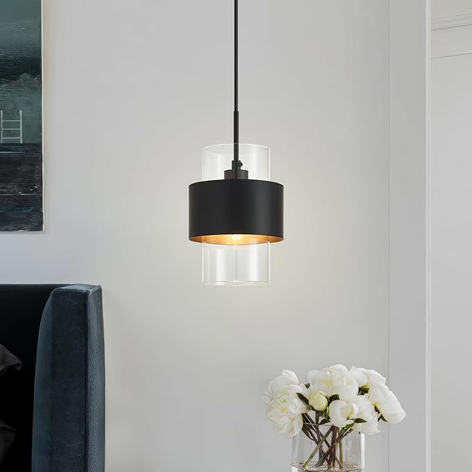 Modern Black Pendant Lighting Indoor Kitchen Island Pendant Light Glass Shade Ceiling Light Fixtures for Bedroom Dining Room Living Room(3-Pack)