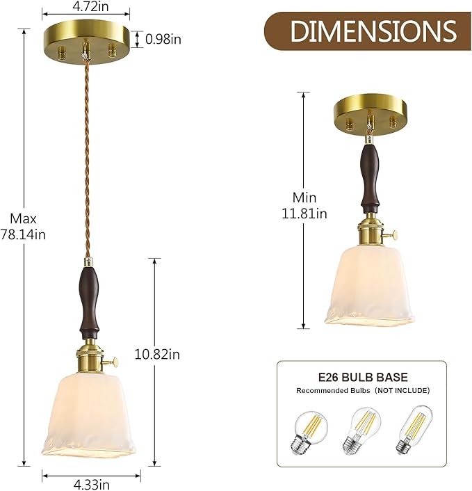 Mini Pendant Light Milky White Glass Pendant Lights Vintage Brass Pendant Lighting Kitchen Island Hanging Lamp with Wood Handle for Bedroom Dining Room (3 Pack)
