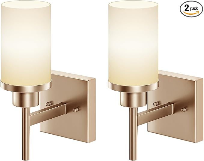 Vanity Lighting Fixtures with White Frosted Glass Shade, Champagne Bronze Wall Lamps for Bathroom Mirror Bedroom Living Room Porch, 2 Pack T001CPG-L1-P2