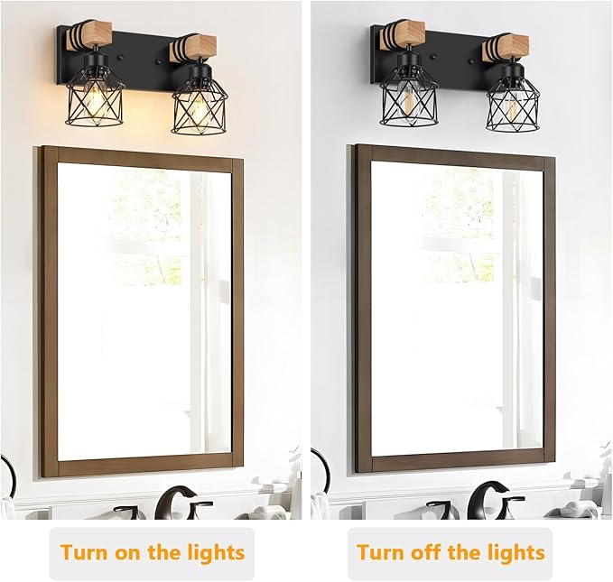 FadimiKoo 2-Light Farmhouse Bathroom Vanity Light Fixtures, Wood Bathroom Lighting Over Mirror, Black Rustic Sconces Wall Lighting with Metal Lampshade for Living Room, Bedroom, Hallway