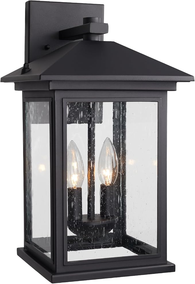 Treekee Outdoor Wall Light Fixtures, 16 Inch Waterproof Square Lanterns, 2-Light Exterior Porch Sconces Lighting with Seeded Glass Shade, Modern Black Lamps for Patio Front Door Entryway