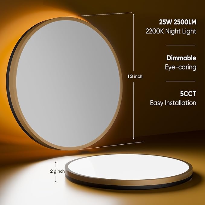 Lightania 13 Inch Flush Mount Ceiling Light with Remote Control & Night Light, 5CCT Dimmable Ceiling Light Fixture, 25W 2500LM 2700K-6500K Adjustable LED Ceiling Lights for Bedroom Kitchen Living Room