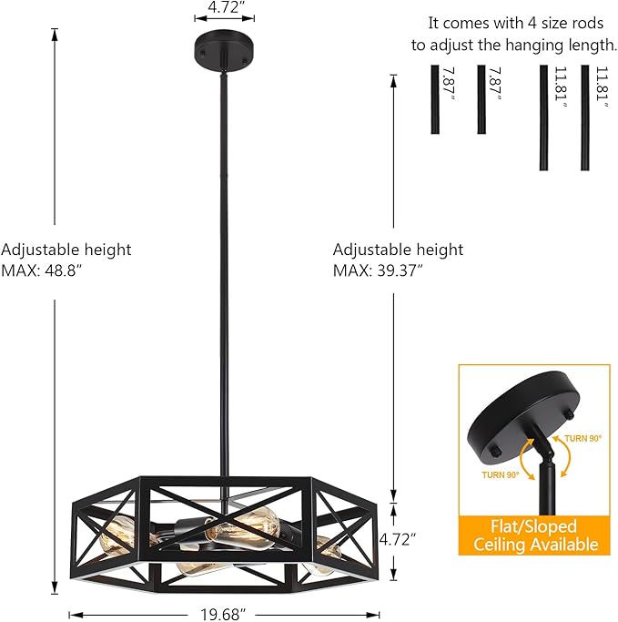 Black Semi Flush Mount Ceiling Lights, Sloped Dining Room Light Fixture Farmhouse Hexagon Chandelier, Kitchen Island Pendant Lighting Adjustable Height for Entryway Hallway Foyer