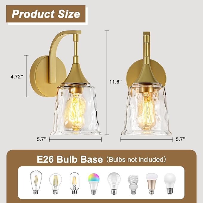 Gold Wall Sconce for Bathroom,1-Light Hardwired Wall Light Fixture with Water Ripple Glass Shade, Vintage Brass Sconce Lights for Bedroom Hallway Entryway
