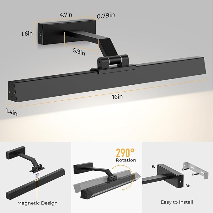 Picture Lights for Wall, Battery Operated Picture Light 16in Gallery Light for Paintings CCT Dimmable Recharging Battery Wall Light with Remote Control for Living Room Gallery Dartboard Art Bathroom