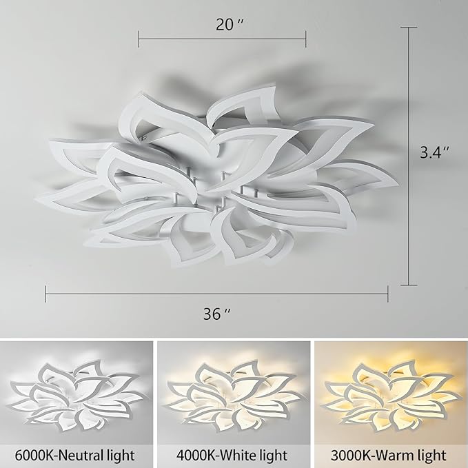 HuixuTe 36" White Modern Geometric Dimmable Ceiling Light Fixture, 15 Leaves Low Profile Flush Mount Ceiling Light for Kitchen, Bedroom, Living Room